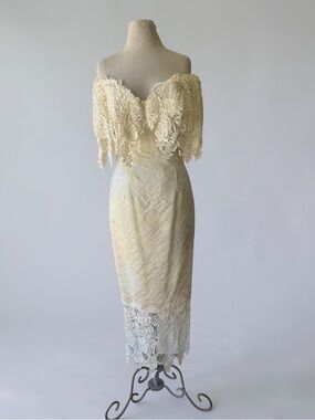 Vtg 80s JESSICA MCCLINTOCK Victorian Crochet Lace Wedding Brocade Off Shoulder 6